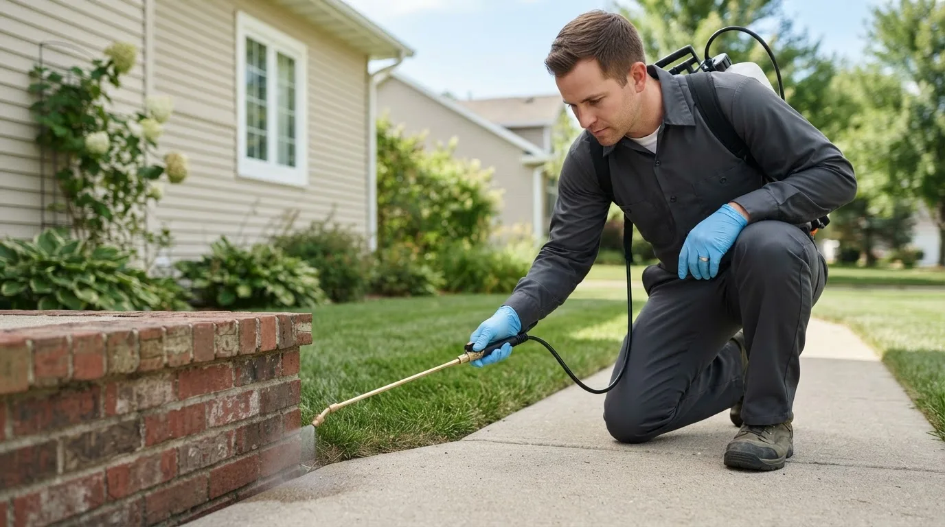 Pest control technician treating a home near Jericho, VT